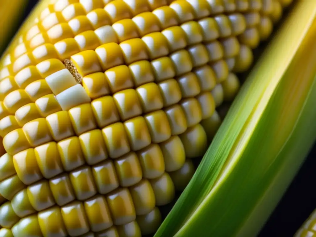 Detalles vibrantes de un elote, resaltando la importancia histórica del maíz en Latinoamérica