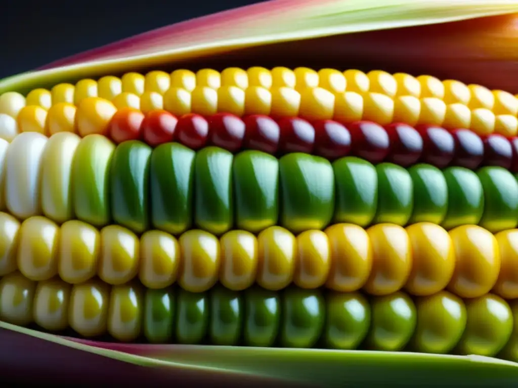 Detalles vibrantes de la Revolución del maíz gastronomía histórica en un elote multicolor