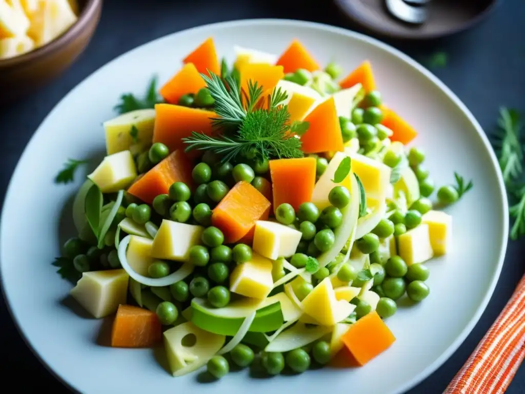 Detalles vibrantes de la ensalada Olivier en festividades rusas