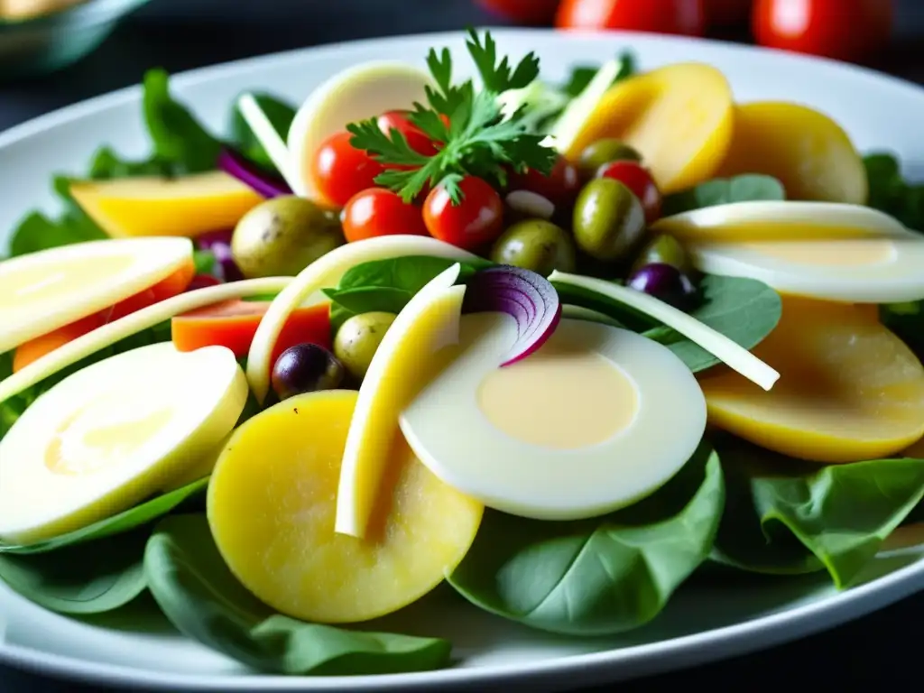 Detalles vibrantes de una Ensalada rusa receta histórica, resaltando capas de vegetales y papas en mayonesa