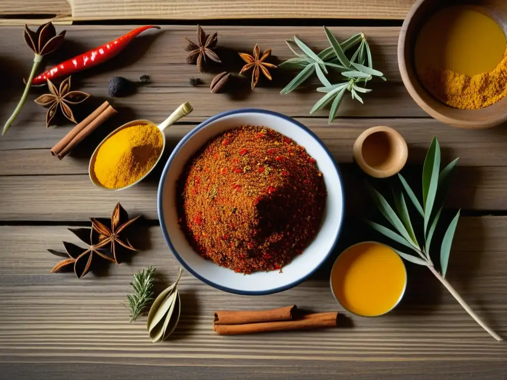 Esencias africanas: colores y aromas en la cocina Detalles vibrantes de especias africanas en mesa rústica