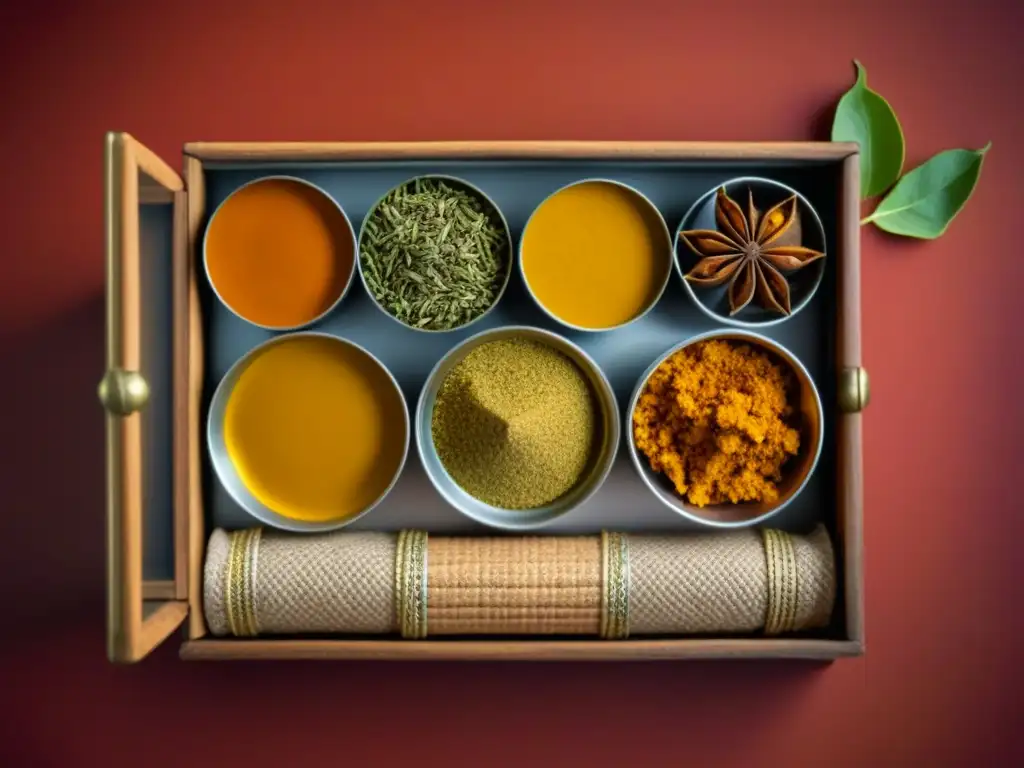 Detalles vibrantes de especias en una caja tradicional india, resaltando la relevancia cultural en recetas históricas de India