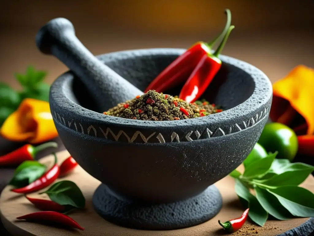 Detalles vibrantes: especias mexicanas en molcajete 8k Detalles vibrantes de especias en molcajete, influencia prehispánica cocina mexicana contemporánea