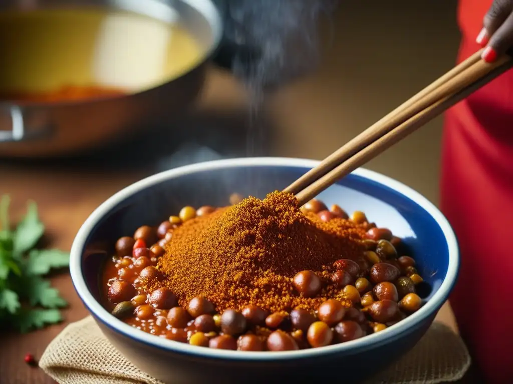 Detalles vibrantes de especias rojas berbere cayendo en un guiso de doro wat etíope, capturando la influencia africana en cocina sudeste