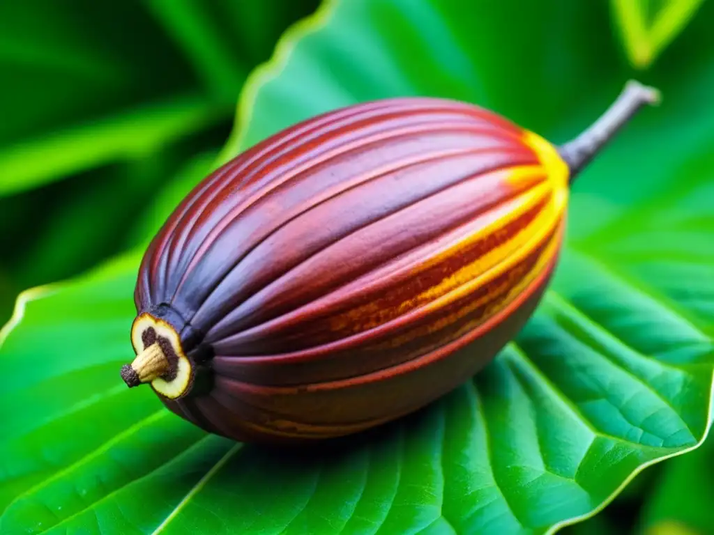 Detalles vibrantes de un exquisito cacao entre hojas verdes, destacando la belleza del superalimento