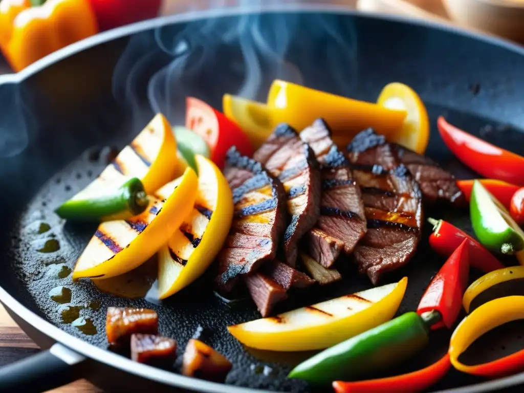 Detalles vibrantes de fajitas TexMex sizzling en sartén caliente, evocando el origen y evolución de TexMex