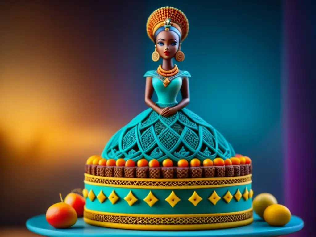 Detalles vibrantes de una figura africana en bizcocho, fusionando influencias culturales de África y el Caribe en repostería