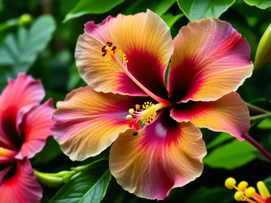 Detalles vibrantes de la Flor de Jamaica en un jardín exuberante, destacando su belleza y la historia culinaria