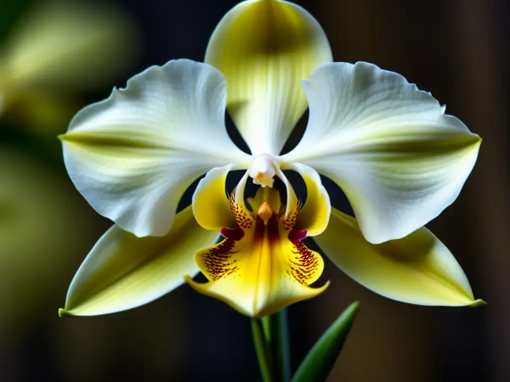 Detalles vibrantes de una flor de orquídea de vainilla en plena floración, mostrando la elegancia y belleza de esta planta histórica