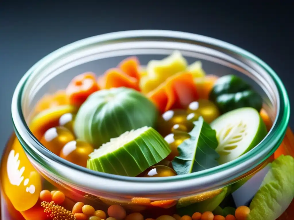 Detalles vibrantes de un frasco burbujeante de kimchi en fermentación, resaltando colores y texturas