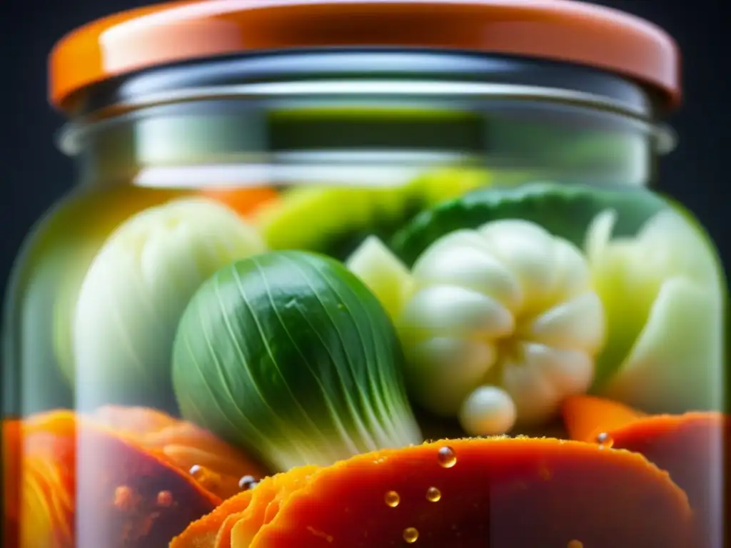 Detalles vibrantes de un frasco de kimchi casero en fermentación, legado culinario de técnicas de conservación