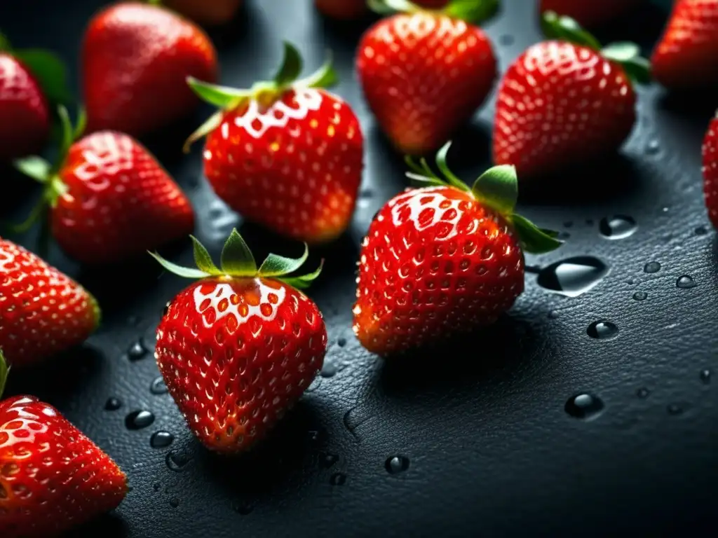 Detalles vibrantes de fresas rojas sobre superficie oscura, con texturas y gotas de agua brillantes