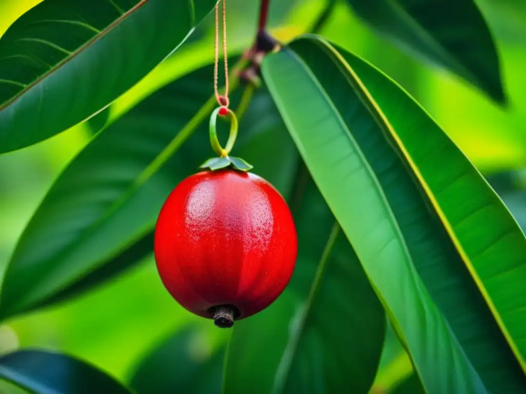 Guaraná rojo vibrante en la selva amazónica Detalles vibrantes de un fruto rojo de guaraná en la exuberante Amazonía, revelando secretos energizantes de la cocina