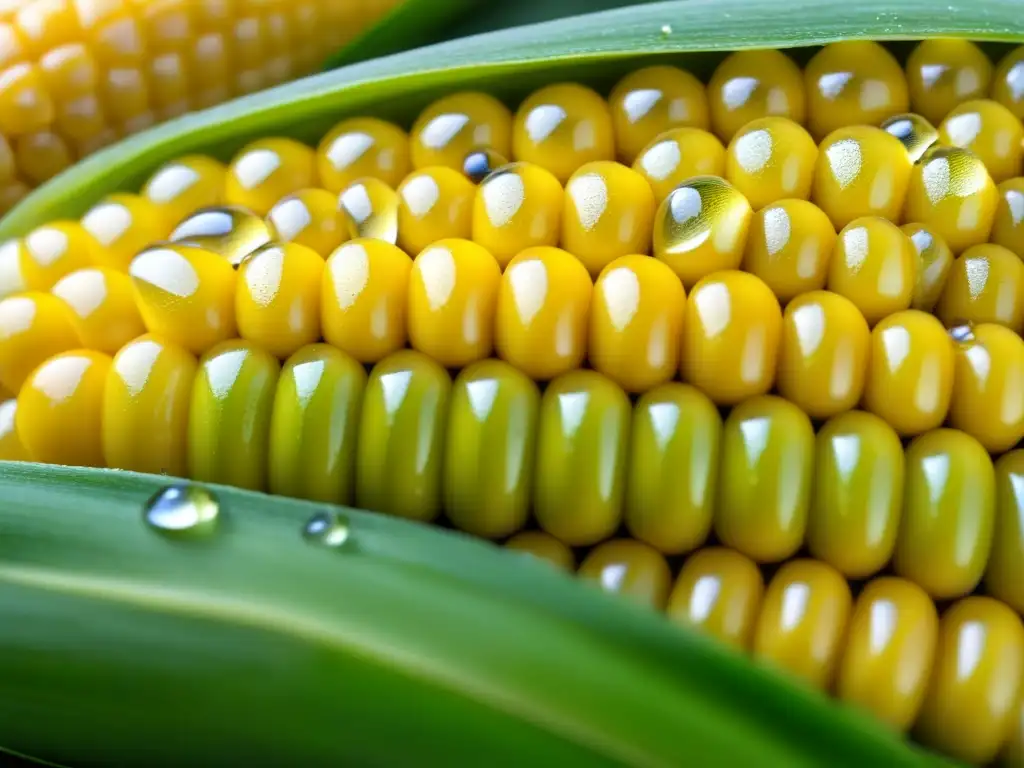 Detalles vibrantes de granos de maíz amarillo con rocío, destacando la importancia cultural del maíz en la cocina criolla