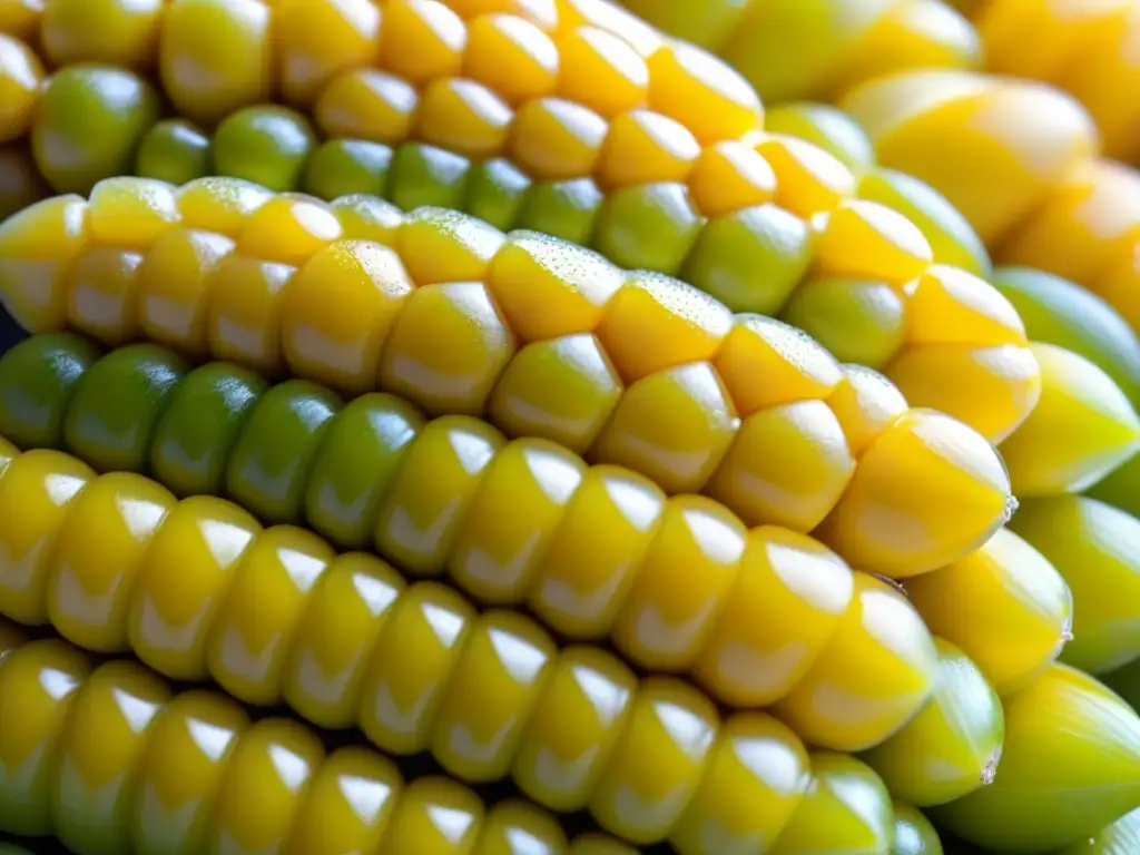 Detalles vibrantes de granos de maíz amarillo con rocío, resaltando la importancia cultural del maíz en la gastronomía vanguardia