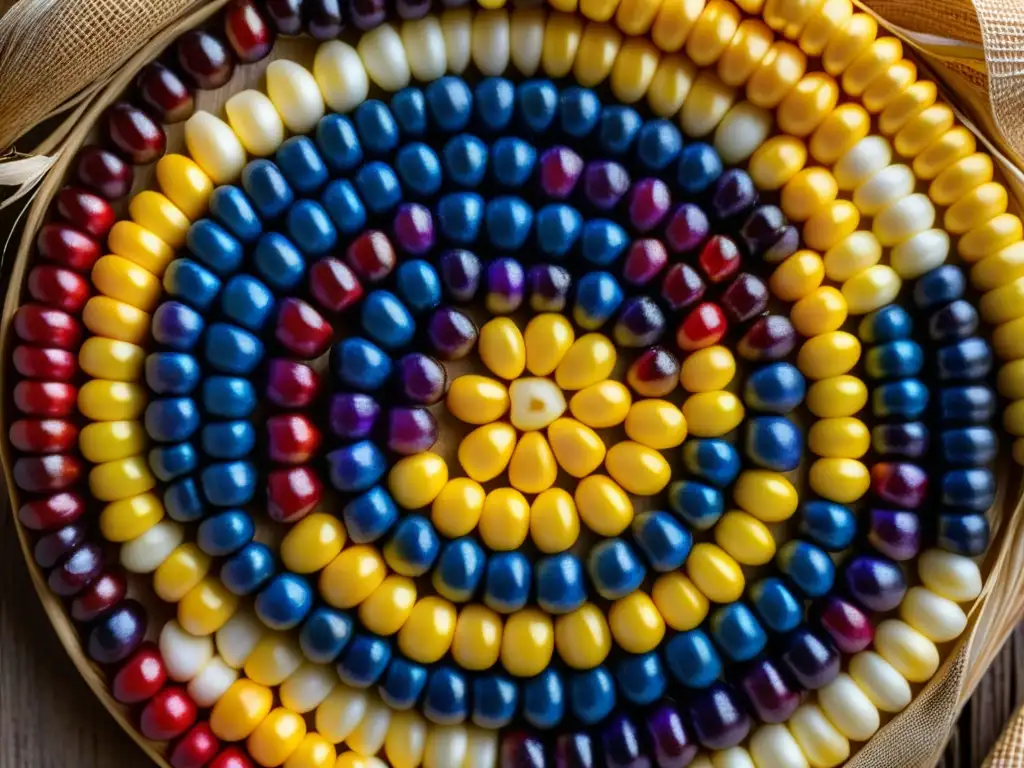 Maíz ancestral en colores vibrantes: legado culinario prehispánico Detalles vibrantes de maíz heredado en círculo sobre fondo rústico, evocando fogones prehispánicos técnica cocción milenios
