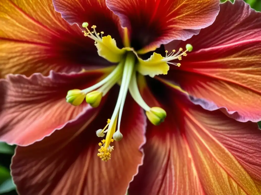 Detalles vibrantes de un hibisco rojo resaltan la influencia africana en cocina hispanoamericana