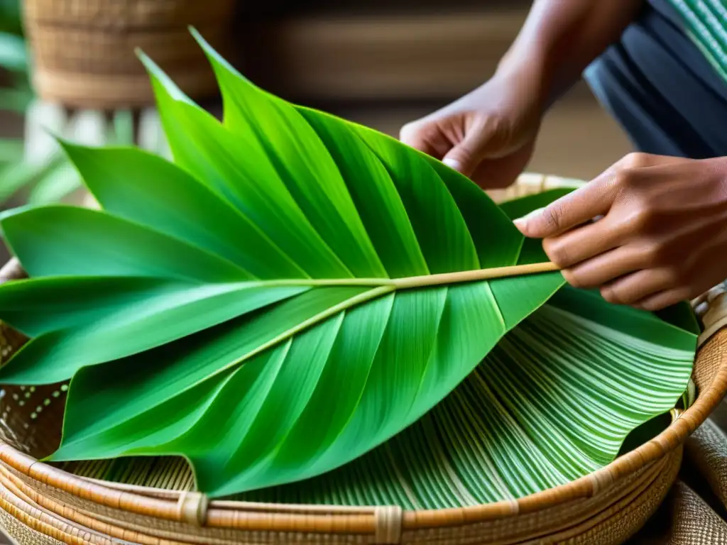 Detalles vibrantes de una hoja de pandano verde sobre cesta balinesa, evocando autenticidad en Recetas históricas de Bali