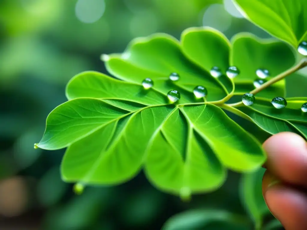 Detalles vibrantes de hojas de moringa con rocío matutino en un mercado indio, resaltando su brillo natural y vitalidad