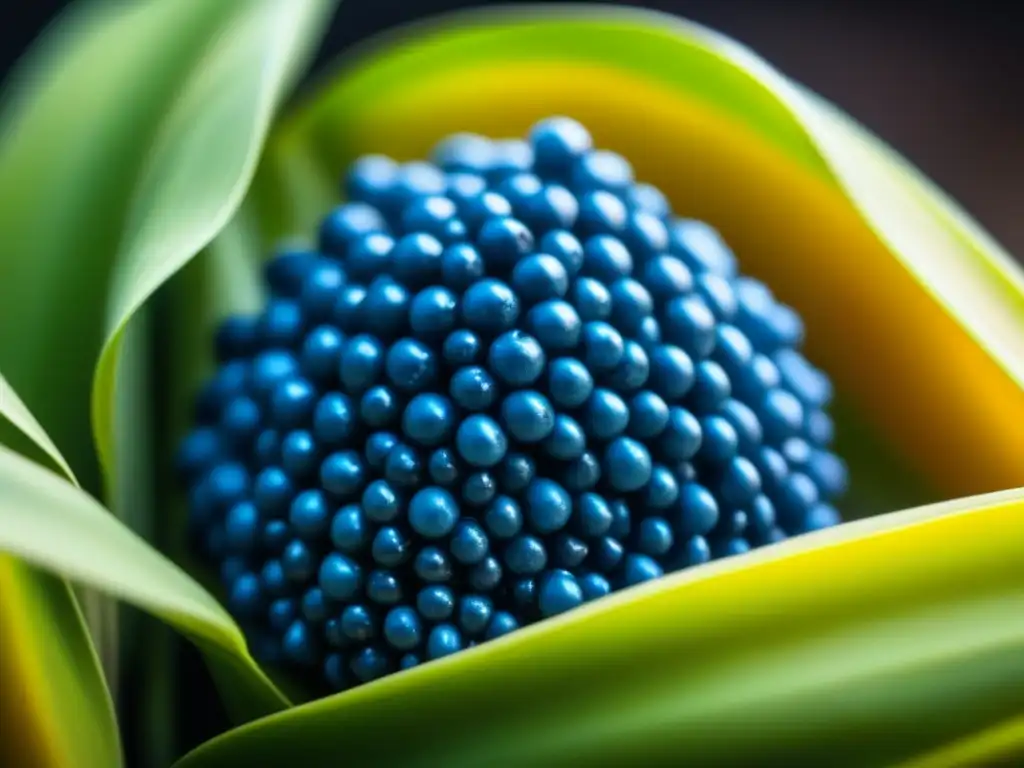 Detalles vibrantes del hongo azul huitlacoche en el maíz oscuro, representando el resurgimiento culinario del caviar azteca