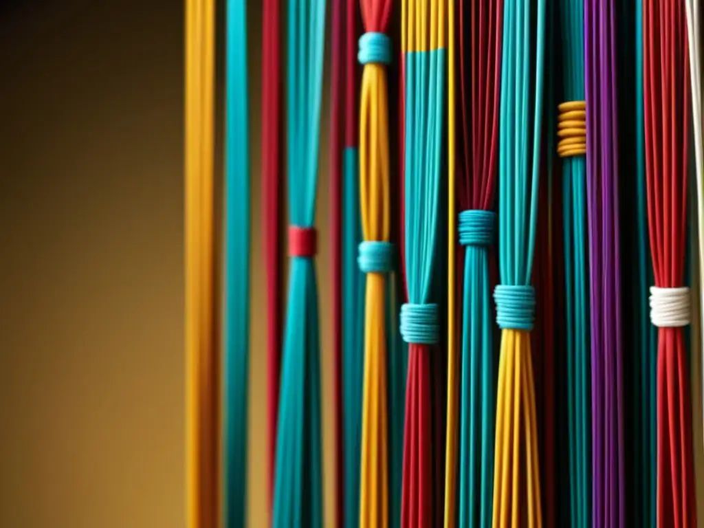 Detalles vibrantes de un quipu inca, símbolo del Trueque alimenticio Imperio Inca