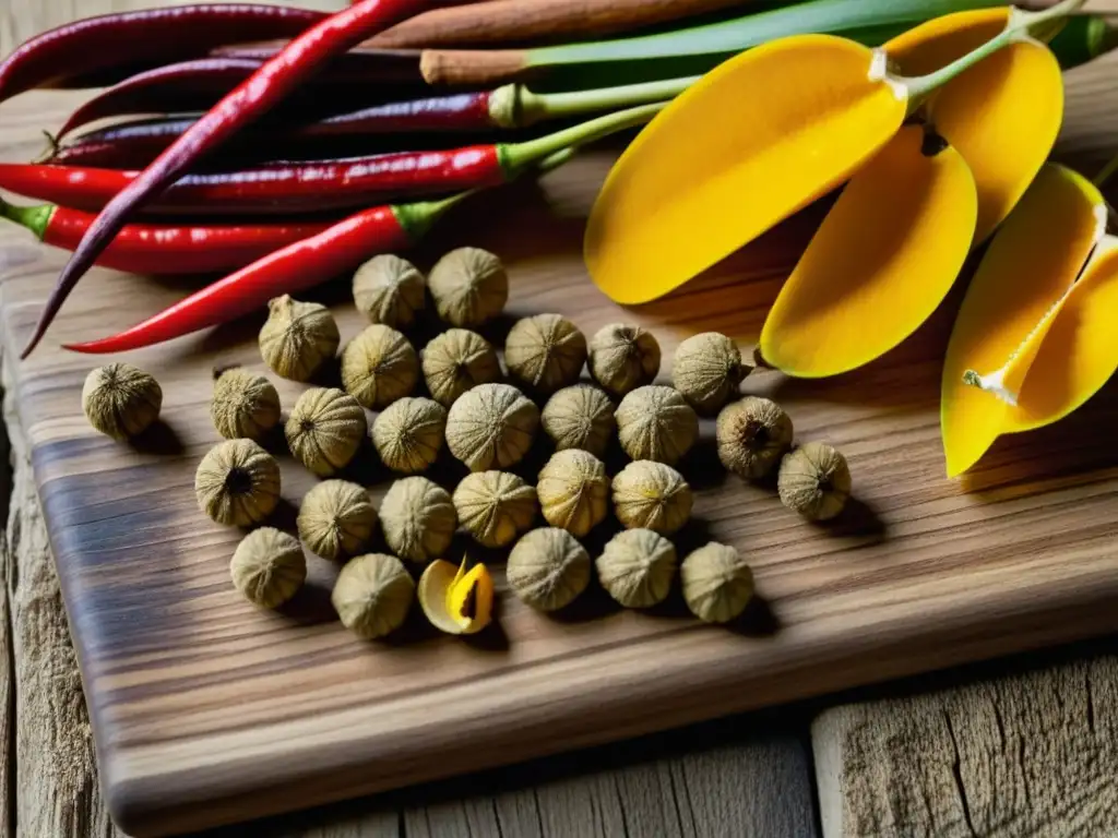 Detalles vibrantes de ingredientes del curry en Asia en tabla de madera rústica