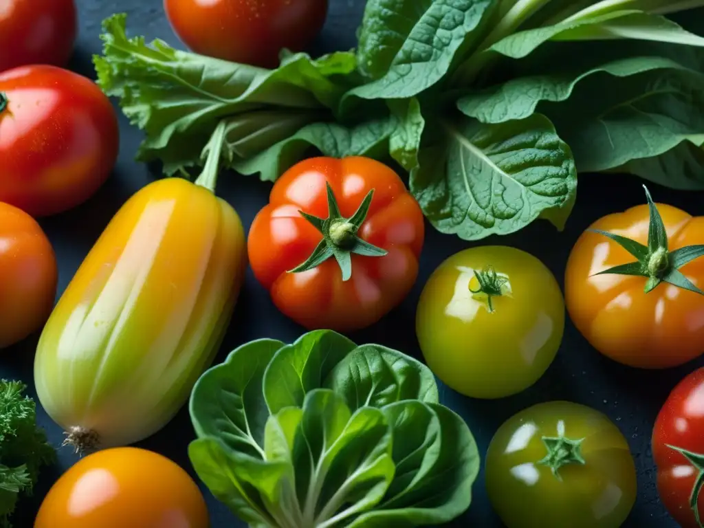 Detalles vibrantes de ingredientes frescos cocina siglo XVII: tomates, zanahorias, lechuga y hierbas con gotas de rocío