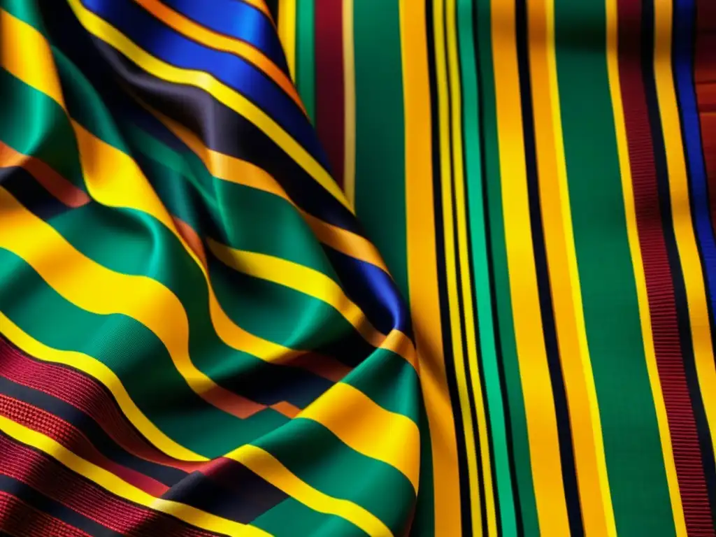 Detalles vibrantes de un Kente cloth tejido a mano, mostrando colores ricos y significado cultural