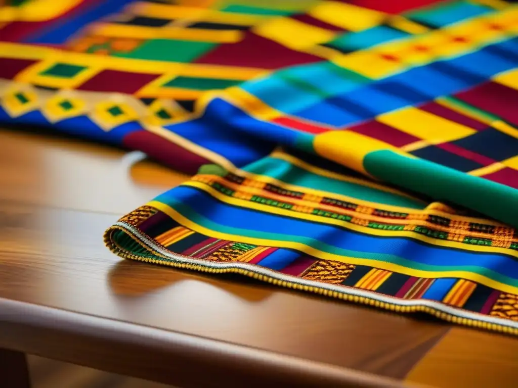 Detalles vibrantes de un Kente cloth sobre mesa de madera, resaltando la artesanía africana