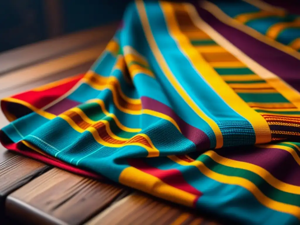 Detalle vibrante: kente africano sobre mesa rústica Detalles vibrantes de kente sobre mesa rústica