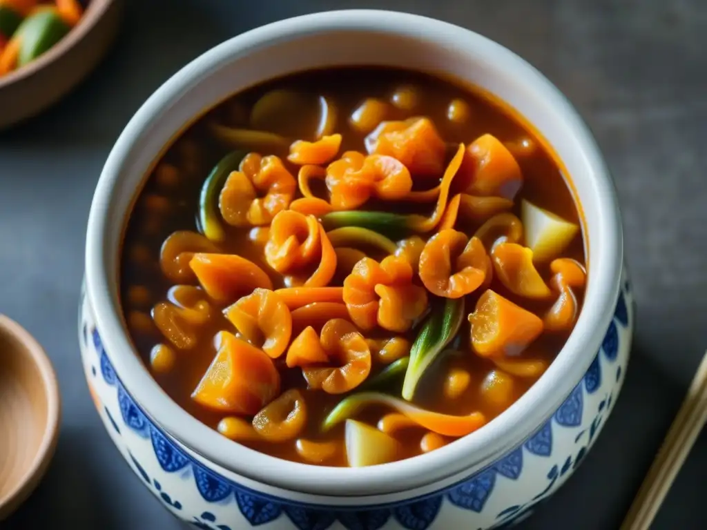 Kimchi fermentando: colores vibrantes en cerámica tradicional Detalles vibrantes de kimchi fermentando en una olla de cerámica tradicional, simbolizando la fermentación y sus contribuciones a la cocina sostenible