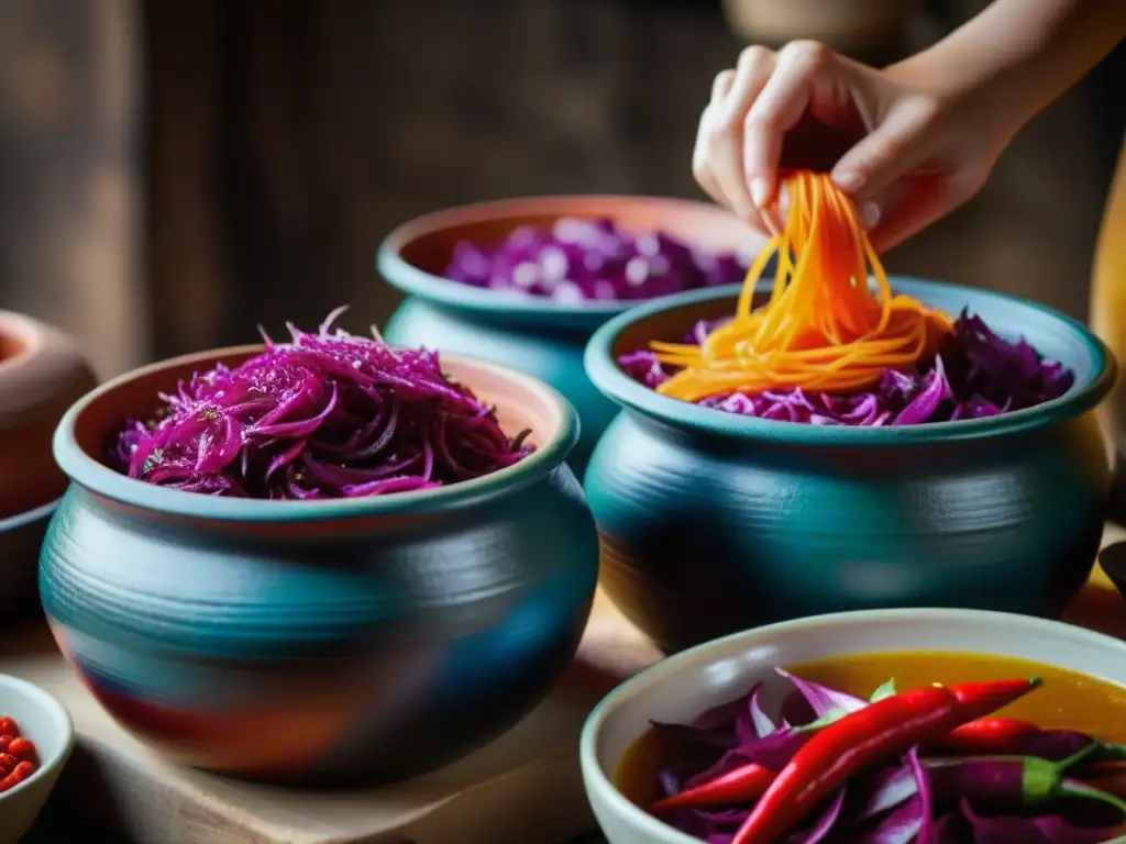 Kimchi fermentado en ollas de barro: colores vibrantes en proceso natural Detalles vibrantes de kimchi fermentándose en ollas de barro, ilustrando el proceso de fermentación natural y la cocina sostenible