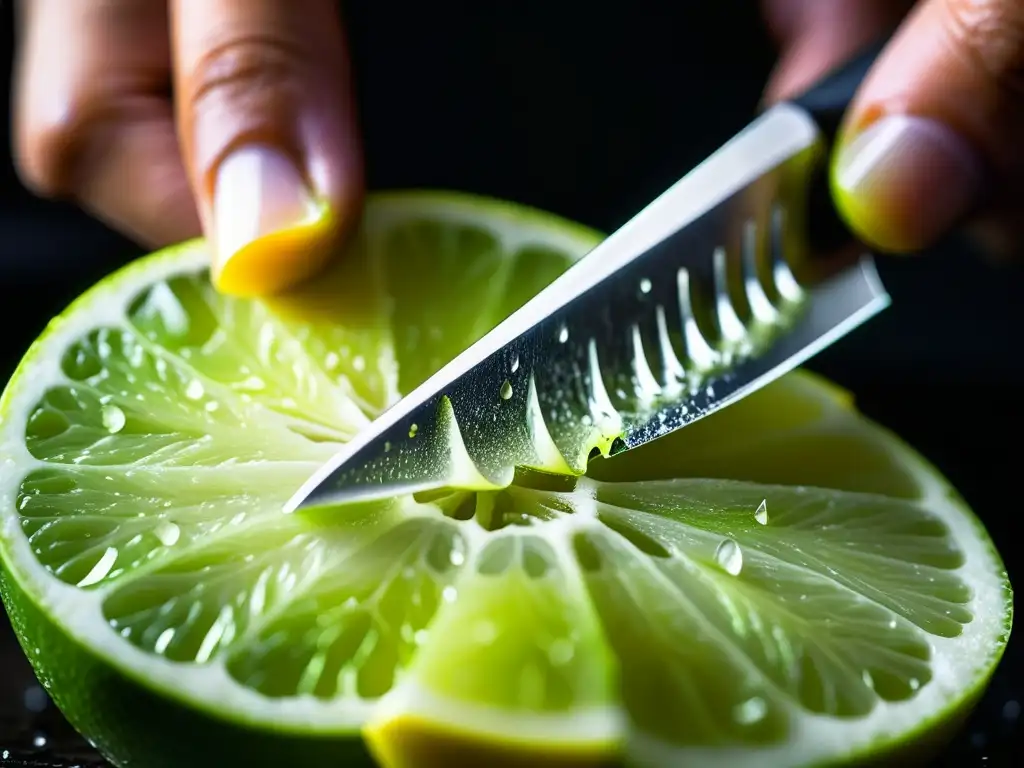 Detalles vibrantes de una mano cortando lima peruana, con jugo cítrico brillante