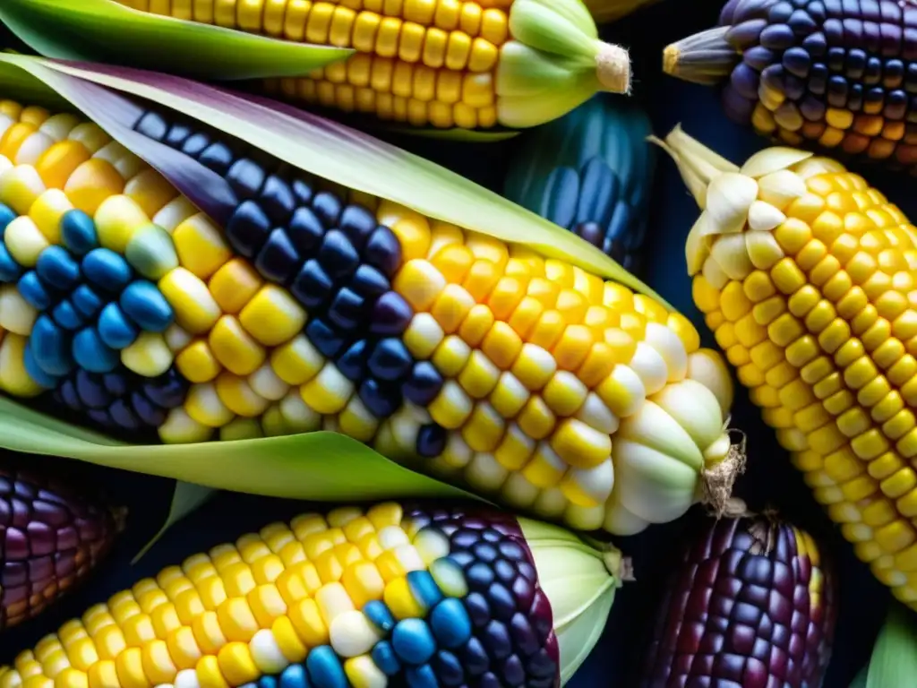 Detalles vibrantes de mazorcas de maíz en variedad de colores