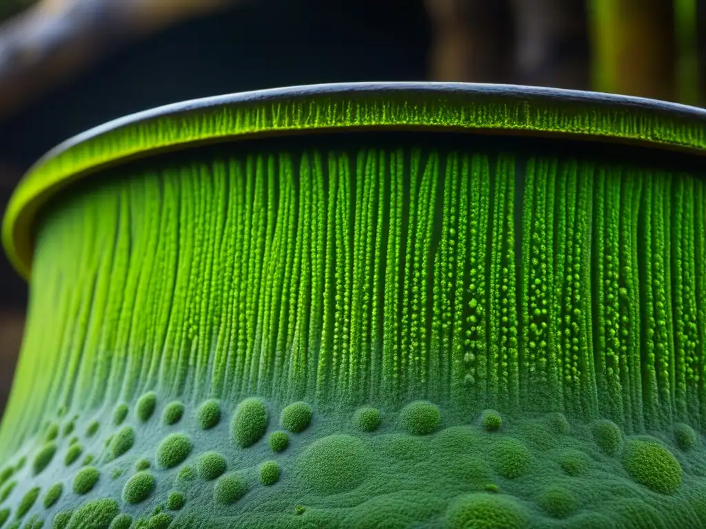 Detalles vibrantes de moho verde en un recipiente de fermentación tradicional en Micronesia, mostrando patrones y texturas únicas