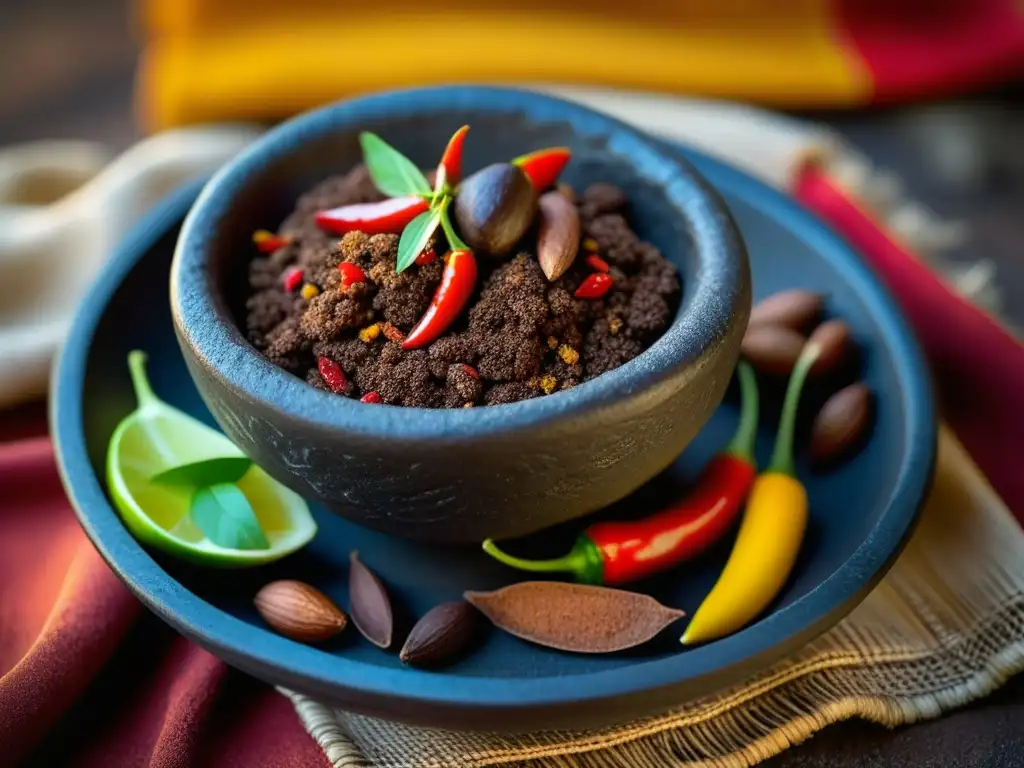 Detalles vibrantes de un molcajete con chiles secos, especias y cacao, evocando el origen e historia del mole prehispánico