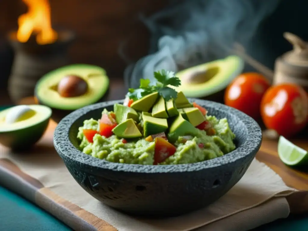 Detalles vibrantes de un molcajete con guacamole fresco, fusionando ingredientes de la dieta hispanoamericana y la cultura culinaria