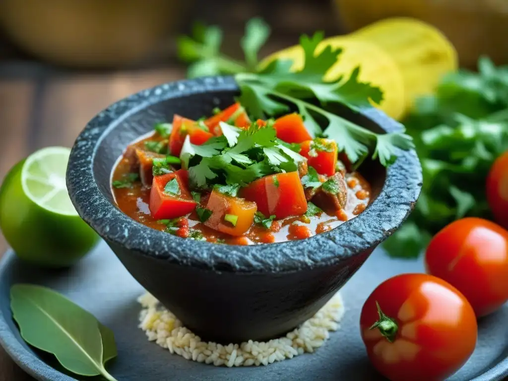 Detalles vibrantes de un molcajete mexicano con salsa fresca, resaltando la autenticidad y la riqueza de la gastronomía mexicana revolucionaria