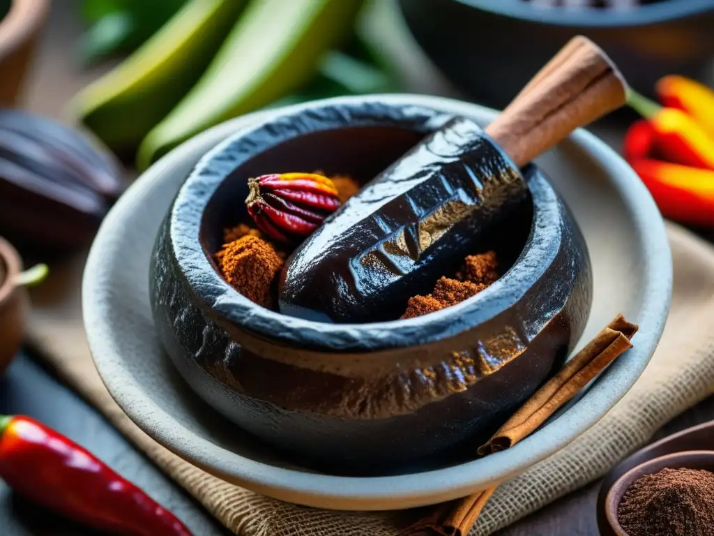 Detalles vibrantes del molcajete mexicano con cacao, chiles, canela y especias