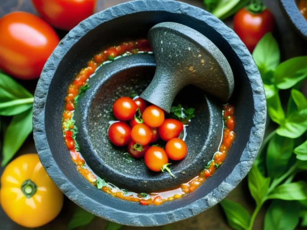 Detalles vibrantes de un molcajete con salsa fresca, mostrando la influencia gastronómica en la identidad hispanoamericana