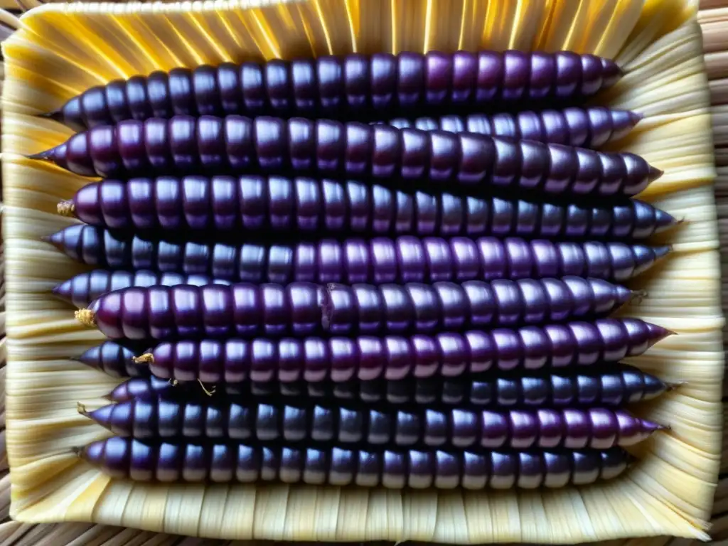 Detalles vibrantes de maíz morado fresco en patrón precolombino en estera de paja, reflejando la influencia gastronomía mundial