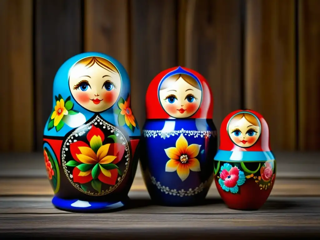 Detalles vibrantes de una muñeca rusa Matryoshka pintada a mano Detalles vibrantes de una muñeca rusa Matryoshka pintada a mano, en un fondo de madera rústica, evocando la historia de los blinis rusos