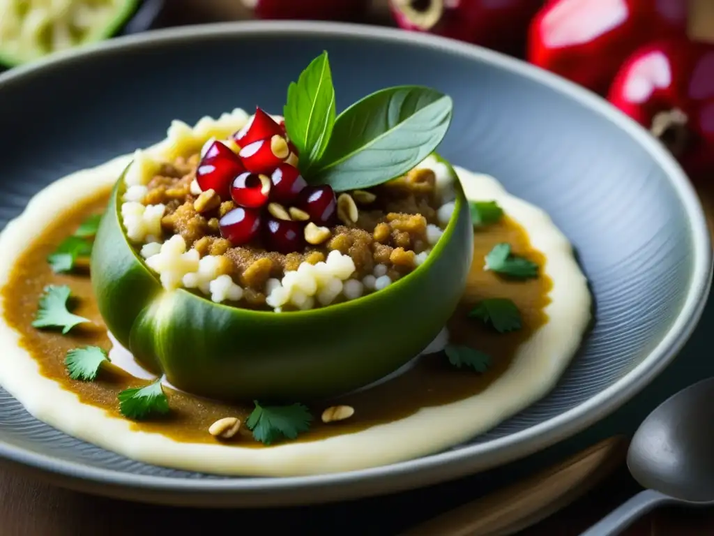 Detalles vibrantes del chile en nogada, destacando su origen y significado en la gastronomía mexicana