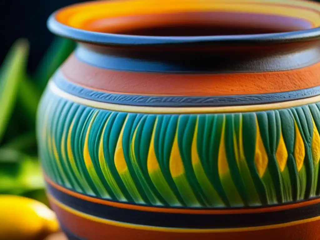 Detalles vibrantes de una olla de barro con chicha fermentada, reflejando la historia de las bebidas alcohólicas históricas postColombinas