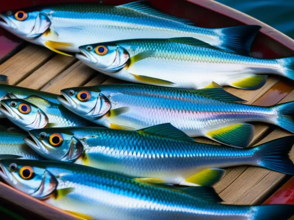 Detalles vibrantes de pescado recién capturado en barco de pesca de madera