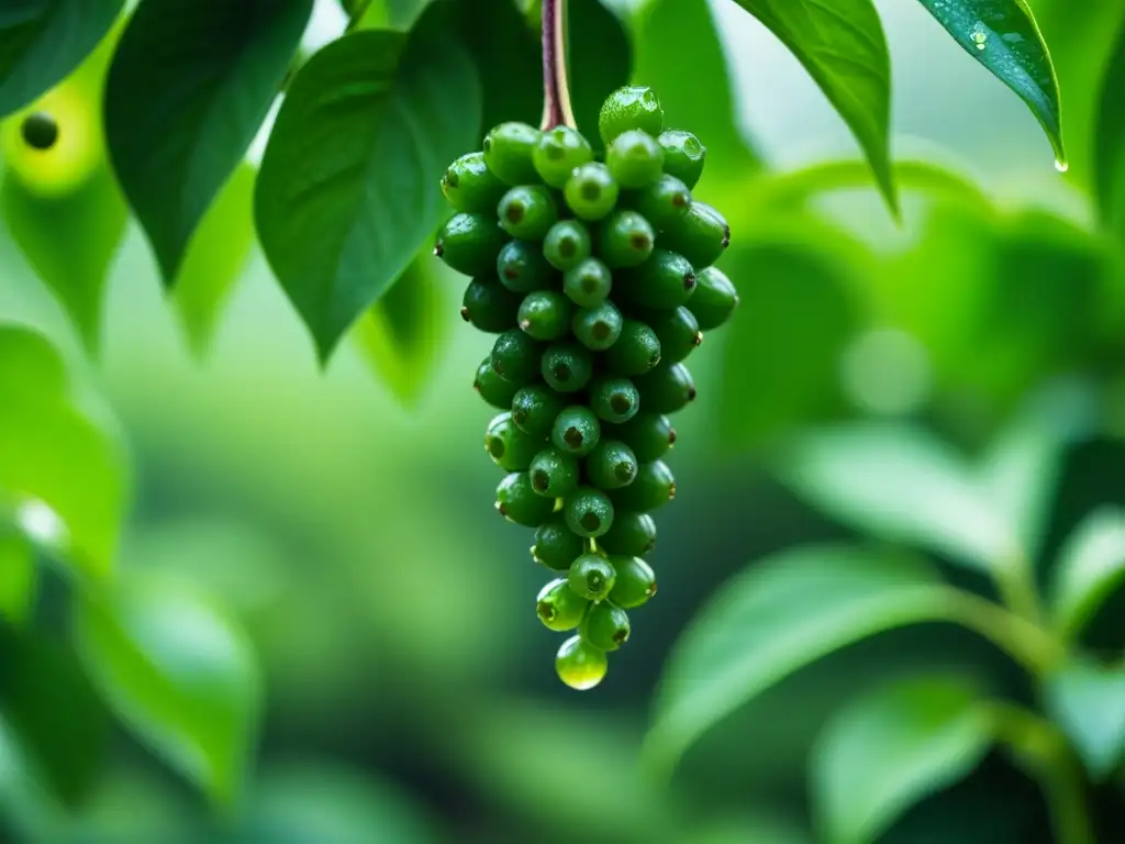 Detalles vibrantes de una pimienta verde con gotas de agua, en una plantación de Kerala, India