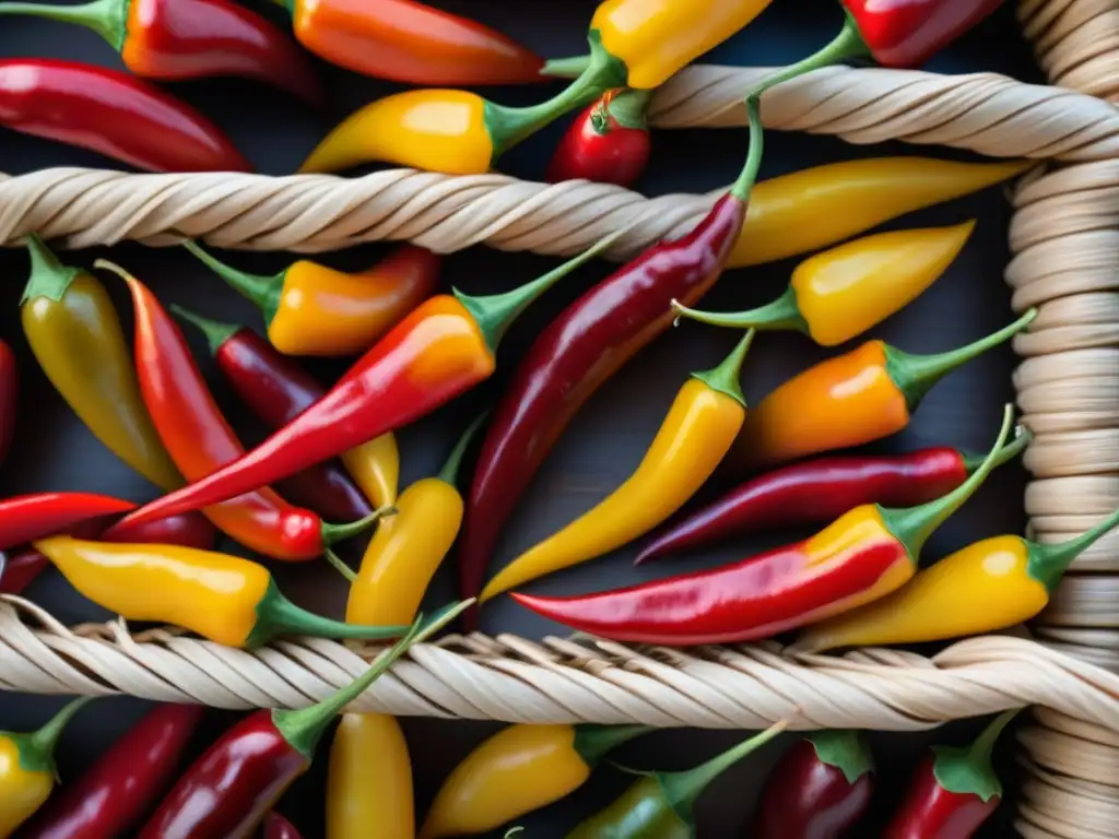 Pimientos de Etiopía: Coloridas joyas del comercio de especias Detalles vibrantes de pimientos chilis etíopes en cesta tejida, bajo luz matutina