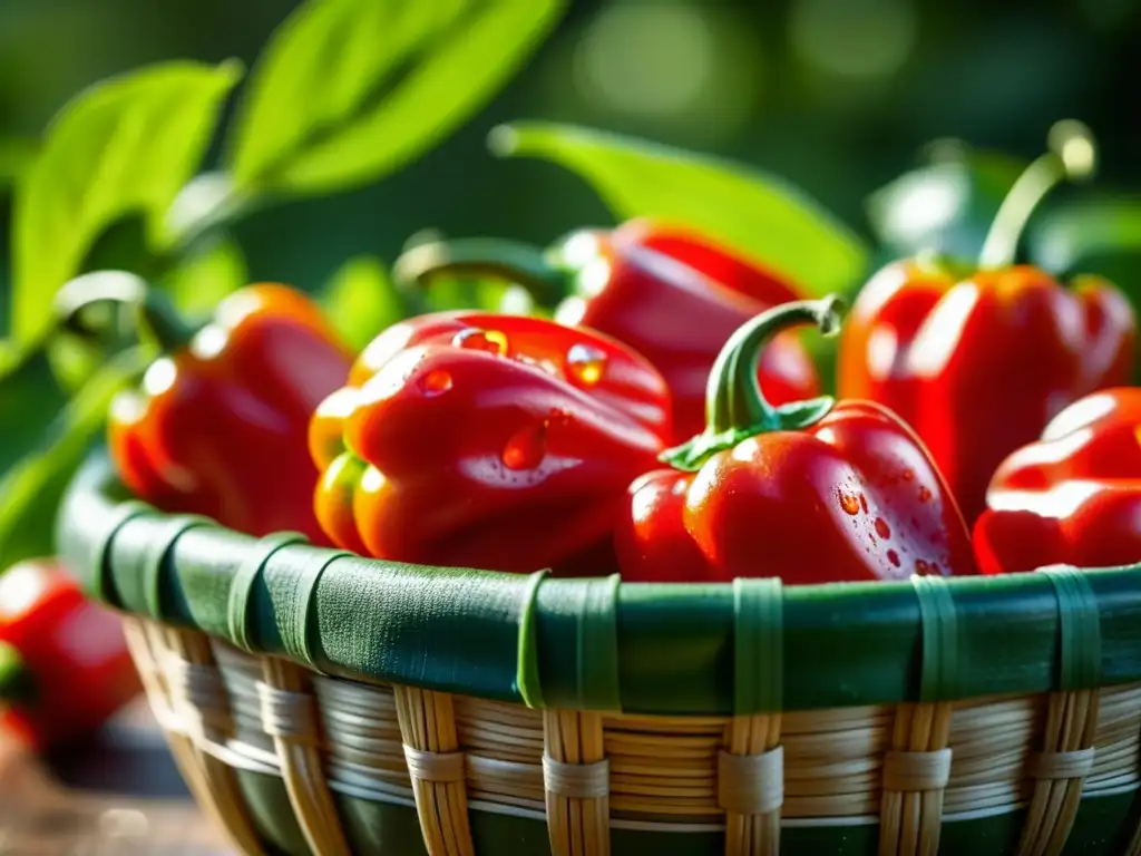 Detalles vibrantes de pimientos habaneros rojos con gotas de agua, en cesta de fibras naturales