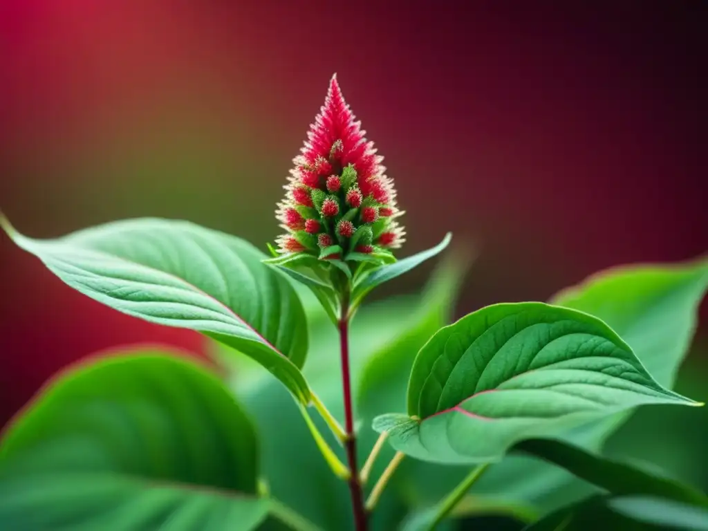 Detalles vibrantes de la planta de amaranto con hojas rojas y verdes, y semillas delicadas