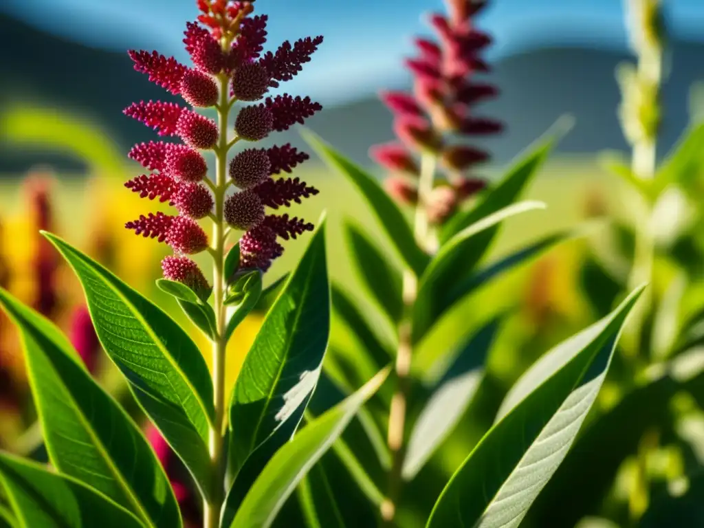 Detalles vibrantes de una planta de quinoa en flor, resaltando la belleza y resistencia de este superalimento de las Américas precolombinas